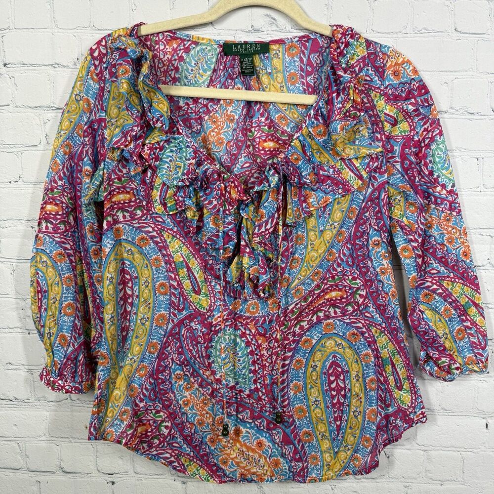 Ralph Lauren Blouse Ruffle Women Size Small Vibrant Colorful Abstract Art Top